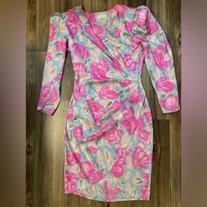 Flora Kung Vtg Silk Roses 80’s Beauty Ruched Waist Tulip Hem Side Zip Dress 8